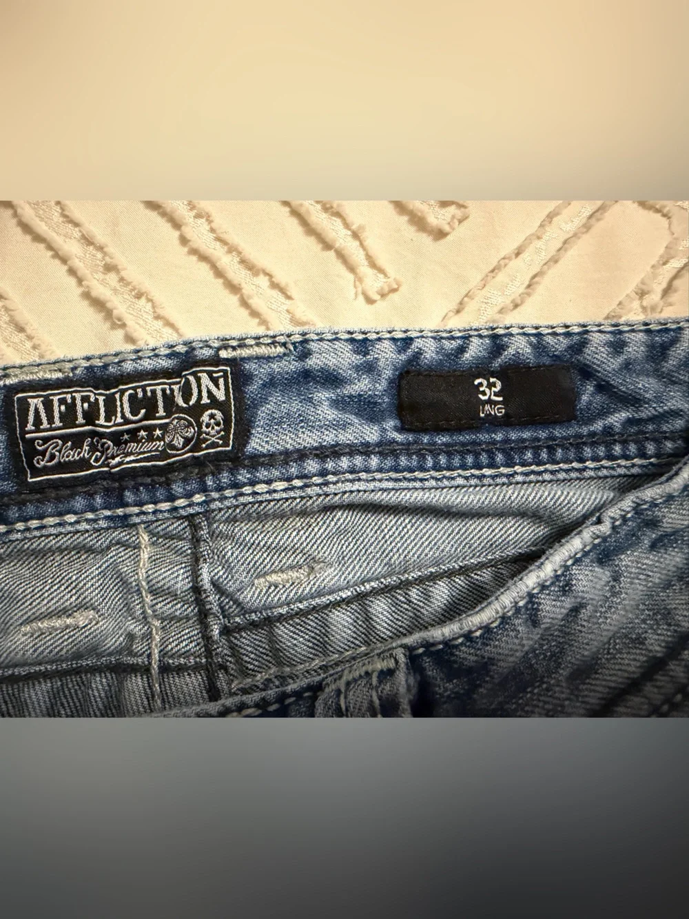 Affliction Light Blue Denim Jeans with Embroidered Cross Pockets